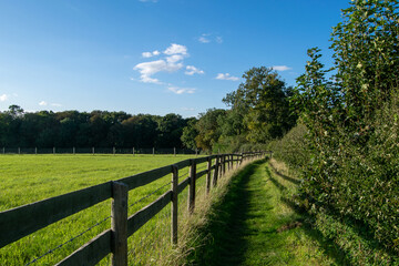Fototapeta na wymiar British footpath between the farmlands separated by woodden fence, hiking path through english coutryside land, beautiful day for a walk to see nature
