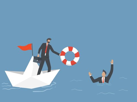 business help, survival, businessman on paper boat and drowning businessman.