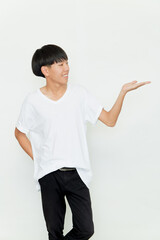 Asian man doing open hand on white background