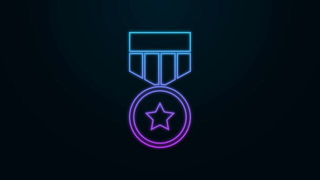 Glowing neon line Military reward medal icon isolated on black background. Army sign. 4K Video motion graphic animation