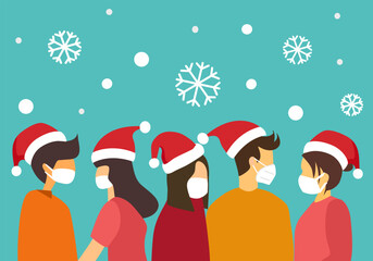Man and woman wearing medical face mask and Santa Claus hat with snowflakes on background. Merry Christmas celebration in covid19 outbreak. Winter season holiday.