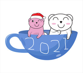 cute cartoon two cats sitting on a bowl