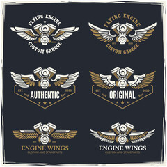 Motorcycle engine and Wings logo. Design element for company logo, label, emblem, sign, apparel or other merchandise. Scalable and editable Vector illustration.
