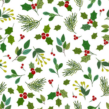 Chistmas nature berries and leaves, flat vector illustration, over white background, seamless pattern