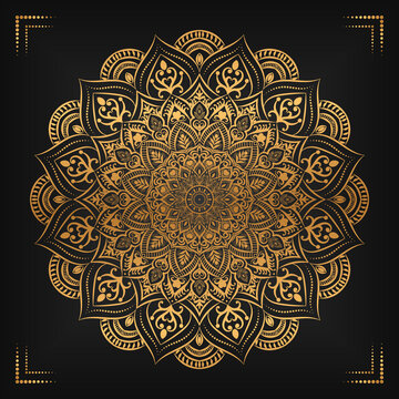 Luxury mandala background with floral ornament pattern. Hand drawn gold mandala design. Vector mandala template for decoration invitation, cards, wedding, logos, cover, brochure, flyer, banner.