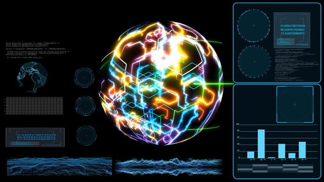 Quantum computer monitor futuristic technology digital holographic and high speed laser scan earth map to process and analysis for big data