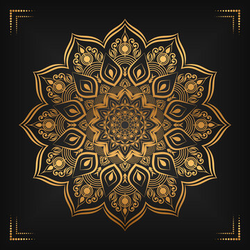 Luxury mandala background with floral ornament pattern. Hand drawn gold mandala design. Vector mandala template for decoration invitation, cards, wedding, logos, cover, brochure, flyer, banner.