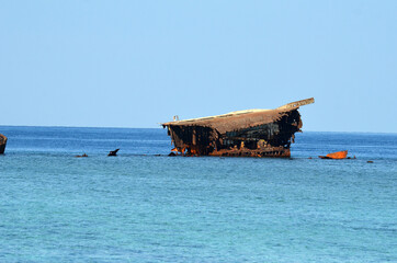 Fototapeta na wymiar Shipwreck at Gordon Reef in the Tiran straits , in the Red Sea, near Sharm el Sheikh. Red Sea, Sinai Peninsula, Egypt. 
