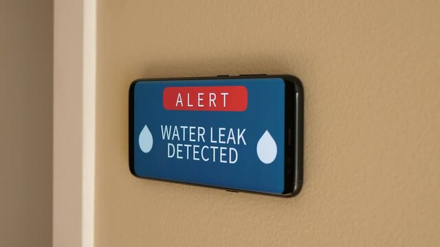 Smart home display showing that there is a water leakage happening. Warning screen mounted on the wall.