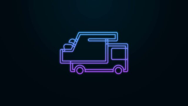 Glowing neon line Garbage truck icon isolated on black background. 4K Video motion graphic animation