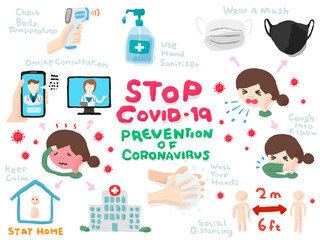 Fototapeta premium Icon Set of Stop Covid-19, Prevention of Coronavirus; Hand drawn vector illustration like woodblock print