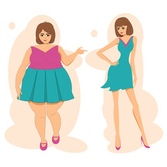 Cartoon of fat and thin  woman wearing colorful skirt, sleeveless shirt and light blue dress. Before and after weight loss fat and slim girl  on a white background vector illustration flat design.