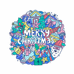Merry Christmas circle color doodle composition illustration
