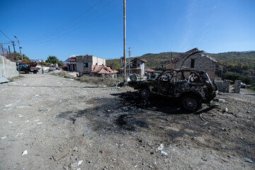 STEPANAKERT, ARTSAKH - Nov 05, 2020: Civilian car hit by an Azerbaijani missile