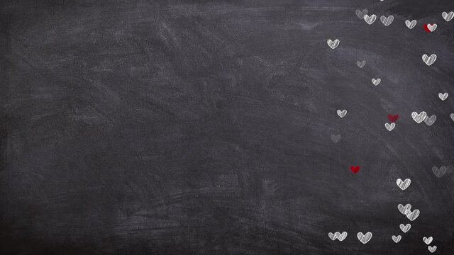 heart doodles chalk on blackboard animation footage,hearts painted with chalk,white and red hearts, valentine concept wallpaper,dark background,blank tepmplate ready for design
