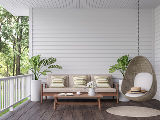 Vintage terrace with nature view 3d render, There are old wooden floor and white plank wall,decorate with wood,fabric and rattan furniture,overlooking to the green garden background - obrazy, fototapety, plakaty