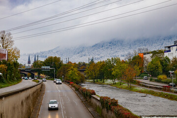 Freiburg im Breisgau/Germany - 10 28 2012: view from the bridge to the highway and river on a foggy...