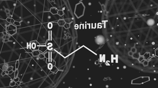 Skeletal formula of taurine. Amino acid molecule. Lines and dots connected background.