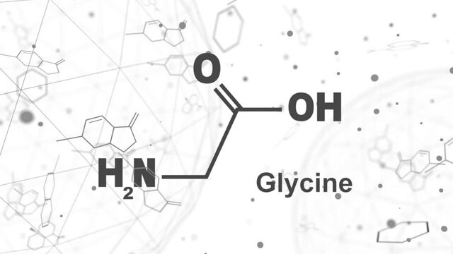 Glycine - main amino acid and inhibitory neurotransmitter. Chemical molecular formula. Lines and dots connected background. 3D rendering