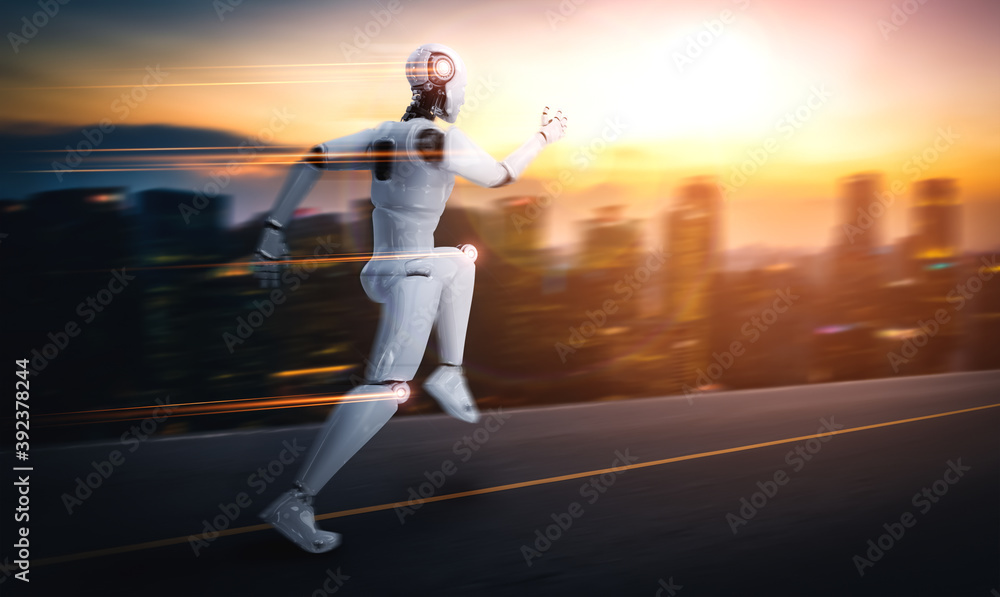 Aufkleber running robot humanoid showing fast movement and vital energy in concept of future innovation develo