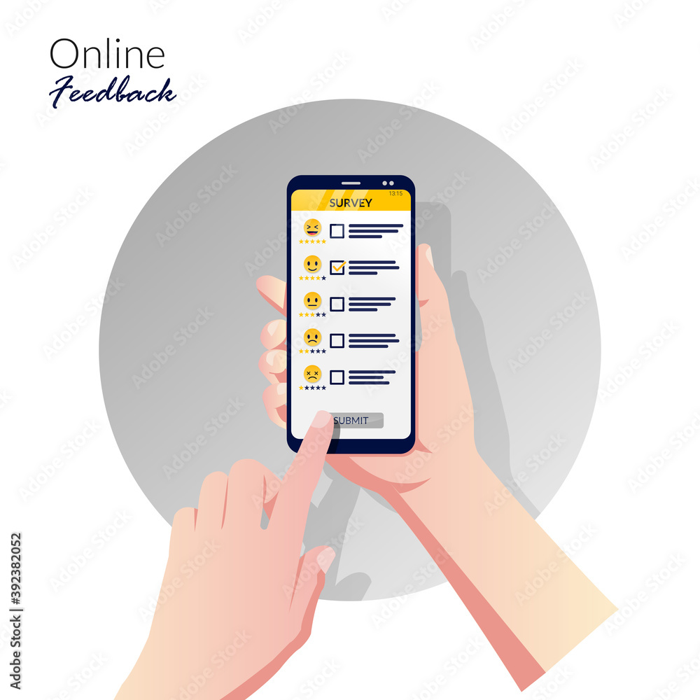 Poster hand holding smartphone with online survey application concept. user rating for customer feedback ve