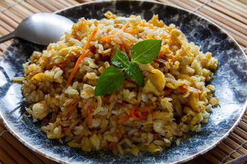Fried rice with eggs. stir fry close up. Chinese food