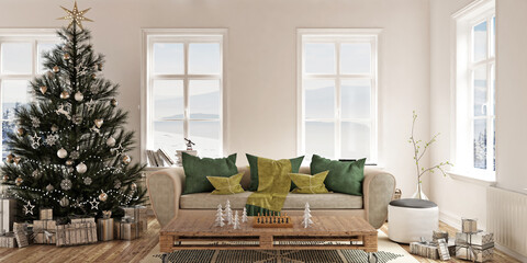 New year tree in scandinavian style interior with christmas decoration