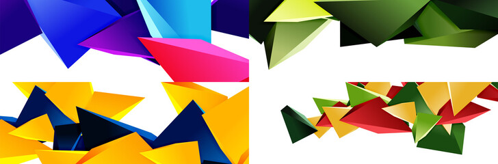 Set of triangle mosaic abstract backgrounds, 3d triangular low poly shapes. Geometric vector illustrations for covers, banners, flyers and posters and other