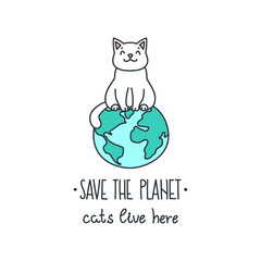 Save The Planet. Illustration of a cute white cat sitting on the globe. Vector 8 EPS.