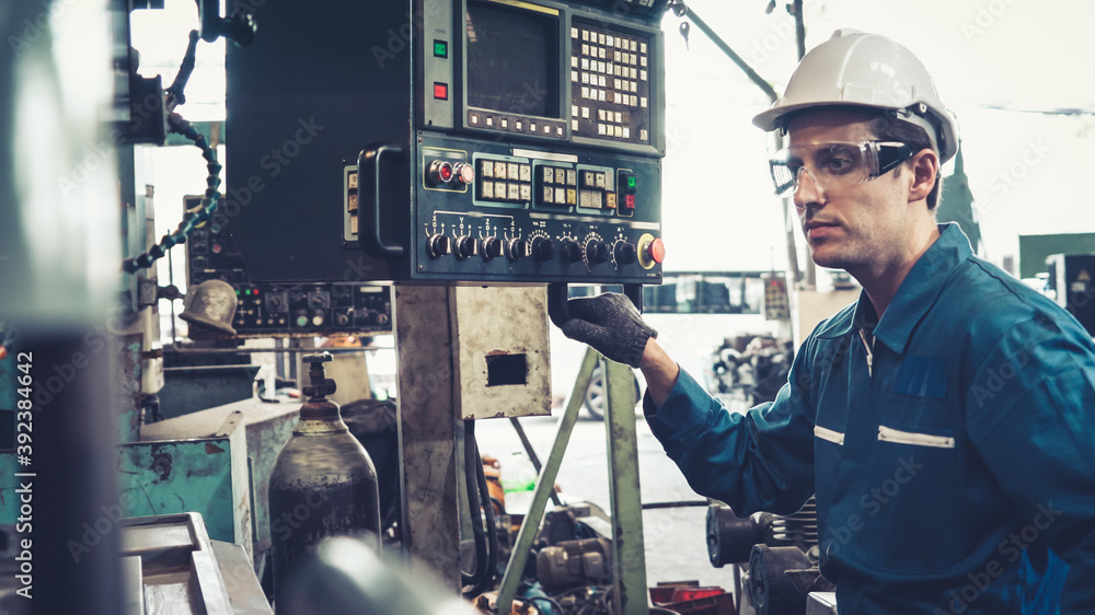 Poster smart factory worker using machine in factory workshop . industry and engineering concept.