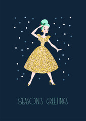 Season's Greetings. Winter holiday vintage greeting card. Pretty girl dressed shiny golden dress. Vector 10 EPS.