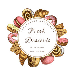 pastry, bakery round label or frame with sweet desserts. bakeryhouse logo template. Pastry shop emblem. Patisserie circle banner or signboard. icon of donuts, cakes, desserts, croissans, waffle.