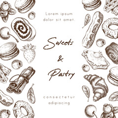 Bakery or pastry shop banner background or frame with place for text. sweet desserts hand drawn illustration. sketch of pastries and berries. poster, menu, package design for cafe or patisserie.