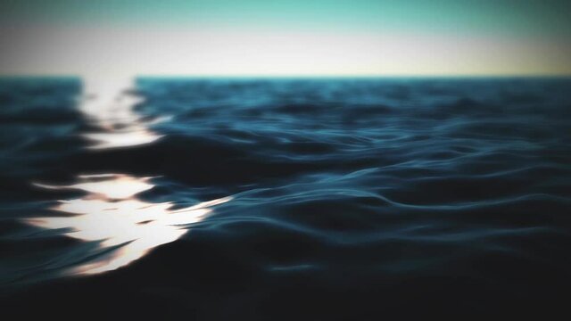 A 3D animated ocean CG ocean water reflecting sunlight on top of its waves that sway away into the distance motion background.