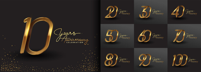 Set of anniversary logotype design with handwriting golden color for celebration event, wedding, greeting card, and invitation. Vector illustration.