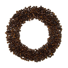 Roasted coffee beans laid out in a circle on a white background without a shadow