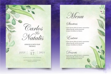 Watercolor wedding invitation floral and leaves card template