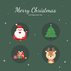 Merry Christmas icon. Santa claus character. Cute style Santa claus character. Christmas tree icon. Christmas gift box. Reindeer icon. Happy new year. Merry Christmas card. Illustration vector.