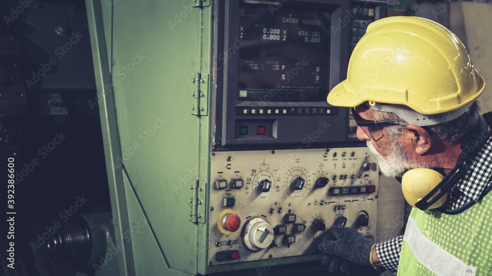Poster smart factory worker using machine in factory workshop . industry and engineering concept.