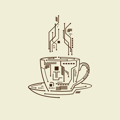 modern tech coffee cup with shape of electronic circuit pattern vector illustration