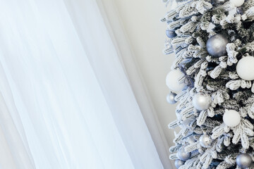 White snowy Christmas tree decor home New Year postcard