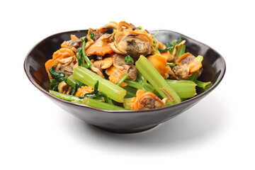  Spicy cockle salad with fresh vegetable on dish on white background