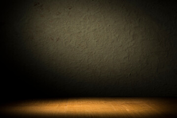 Background with wooden deck table on green grunge background