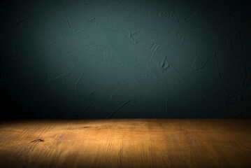 Background with wooden deck table on green grunge background