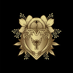 Obraz premium Heart shaped padlock in luxury vintage engraved style with flourish ornament.