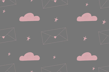 Seamless romantic pattern in pink and grey colors. Cute endless background. Drawn by hand. Clouds stars and envelops. Valentines day.  Great for kids, textile, scrapbooks, weddings, design 