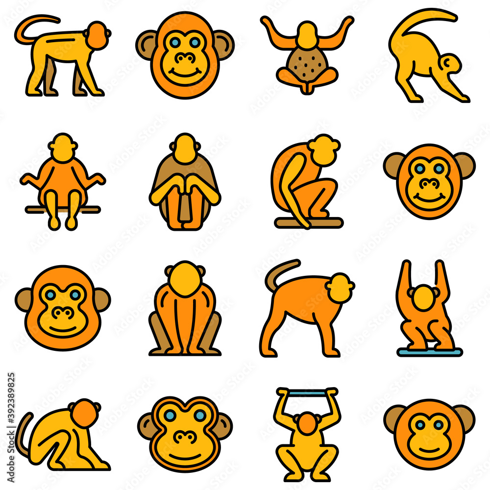 Poster gibbon icons set. outline set of gibbon vector icons thin line color flat on white