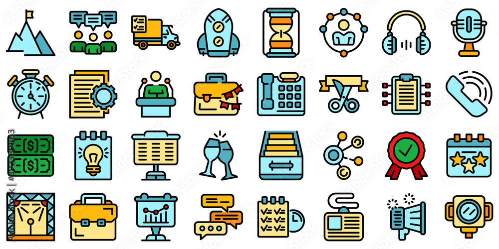 Poster event management icons set. outline set of event management vector icons thin line color flat on whi