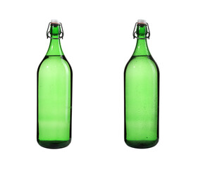 Closeup of wet and dry beer bottles isolated on a white background