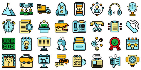 Event management icons set. Outline set of event management vector icons thin line color flat on white